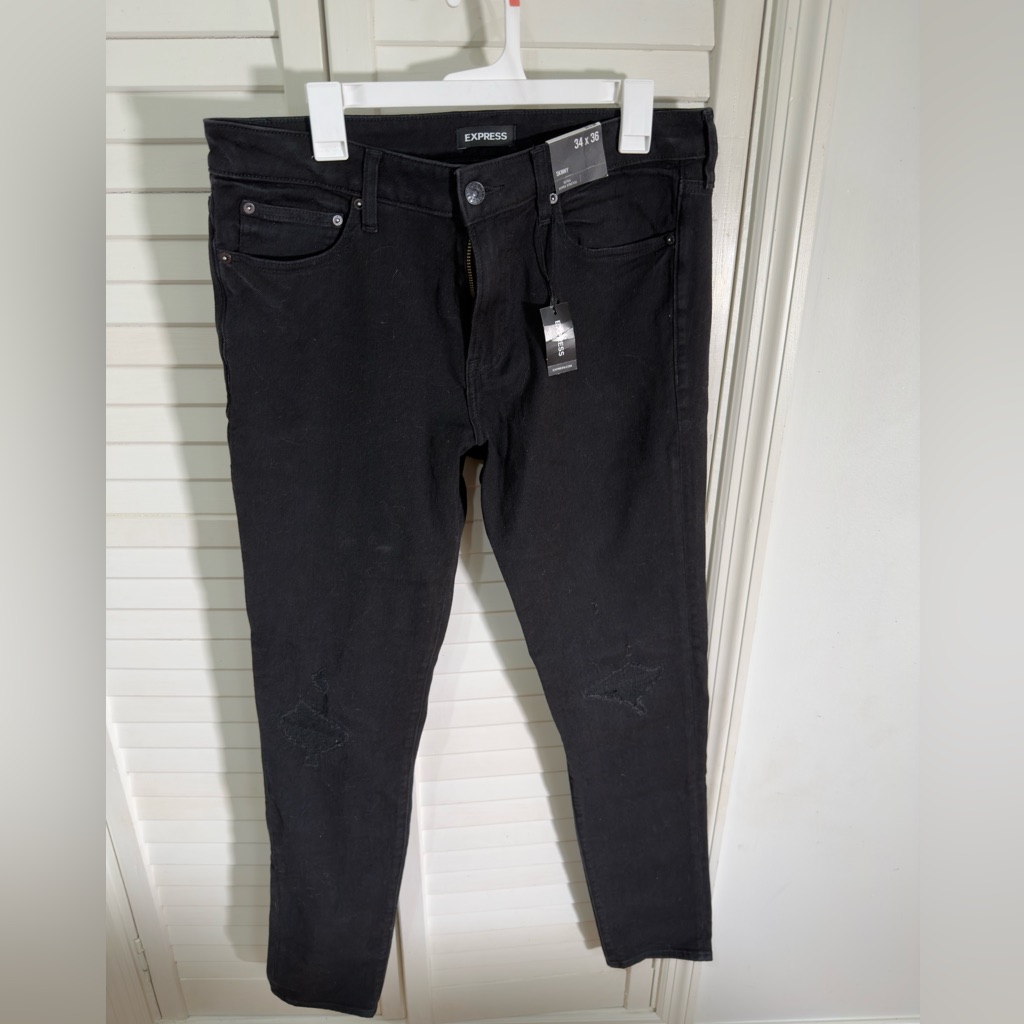 Express Men's Dark Black Skinny Jeans Distressed